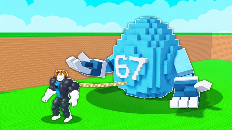 Muskulöser Roblox-Avatar zieht ein riesiges nummeriertes Ei über das Gras in Pull An Egg